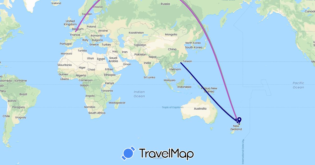 TravelMap itinerary: driving, plane, train, boat in France, Hong Kong, New Zealand (Asia, Europe, Oceania)